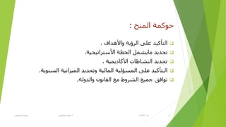 ‫إٌّؼ‬ ‫ؽٛوّخ‬:
‫ٚاأل٘لاف‬ ‫اٌزؤ٠خ‬ ٍٝ‫ػ‬ ‫اٌزأو١ل‬.
‫األطززار١غ١خ‬ ‫اٌقطخ‬ ًّ‫ِب٠ش‬ ‫رؾل٠ل‬.
‫األوبك٠ّ١خ‬ ‫إٌشبؽبد‬ ‫رؾل٠ل‬.
‫اٌظٕٛ٠خ‬ ‫اٌّ١شأ١خ‬ ‫ٚرؾل٠ل‬ ‫اٌّبٌ١خ‬ ‫اٌّظإٌ١خ‬ ٍٝ‫ػ‬ ‫اٌـزأو١ل‬.
‫ٚاٌلٌٚخ‬ ْٛٔ‫اٌمب‬ ‫ِغ‬ ‫اٌشزٚؽ‬ ‫عّ١غ‬ ‫رٛافك‬.
14/2/2015‫أ‬.‫اٌغبِؼبد‬ ‫ؽٛوّخ‬ ٟ‫ؽزالغ‬ ٜ‫٘ل‬ 15
 