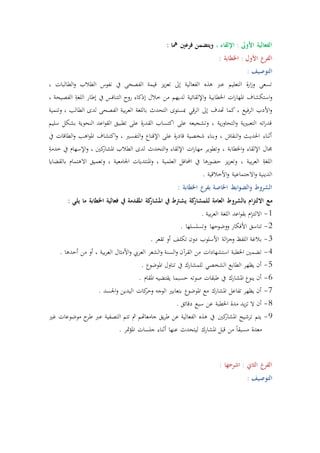 ، ‫اإللقاء‬ : ‫األوىل‬ ‫الفعالية‬: ‫مها‬ ‫فرعني‬ ‫ويتضمن‬
: ‫األول‬ ‫الفرع‬: ‫اخلطابة‬
: ‫التوصيف‬
، ‫الطالبات‬‫و‬ ‫الطالب‬ ‫نفوس‬ ‫يف‬ ‫الفصحى‬ ‫قيمة‬ ‫يز‬‫ز‬‫تع‬ ‫إىل‬ ‫الفعالية‬ ‫هذه‬ ‫عرب‬ ‫التعليم‬ ‫ة‬‫ر‬‫ا‬‫ز‬‫و‬ ‫تسعى‬
، ‫الفصيحة‬ ِ‫اللغة‬ ‫إطار‬ ‫يف‬ ‫التتافس‬ ‫روح‬ ‫إذكاء‬ ‫رالل‬ ‫من‬ ‫لديهم‬ ‫اإللقائية‬‫و‬ ‫اخلطابية‬ ‫ات‬‫ر‬‫املها‬ ‫استكشاف‬‫و‬
‫باللغة‬ ‫التحدث‬ ‫مبستوى‬ ‫قي‬‫ر‬‫ال‬ ‫إىل‬ ‫هتدف‬ ‫كما‬ ، ‫فيع‬‫ر‬‫ال‬ ‫األدب‬‫و‬‫وتتمية‬ ، ‫الطالب‬ ‫لدى‬ ‫الفصحى‬ ‫بية‬‫ر‬‫الع‬
‫سليم‬ ‫بشكل‬ ‫التحوية‬ ‫اعد‬‫و‬‫الق‬ ‫تطبيق‬ ‫على‬ ‫ة‬‫ر‬‫القد‬ ‫اكتساب‬ ‫على‬ ‫وتشجيعه‬ ، ‫ية‬‫ر‬‫التحاو‬‫و‬ ‫ية‬‫ري‬‫التعب‬ ‫اته‬‫ر‬‫قد‬
‫يف‬ ‫الطاقات‬‫و‬ ‫اهب‬‫و‬‫امل‬ ‫اكتشاف‬‫و‬ ، ‫التفسري‬‫و‬ ‫اإلقتاع‬ ‫على‬ ‫ة‬‫ر‬‫قاد‬ ‫شخصية‬ ‫وبتاء‬ ، ‫التقاش‬‫و‬ ‫اقحديث‬ ‫أثتاء‬
‫ات‬‫ر‬‫مها‬ ‫وتطوير‬ ، ‫اخلطابة‬‫و‬ ‫اإللقاء‬ ‫جمال‬ِ‫ردمة‬ ‫يف‬ ‫اإلسهام‬‫و‬ ، ‫كني‬‫املشار‬ ‫الطالب‬ ‫لدى‬ ‫التحدث‬‫و‬ ‫اإللقاء‬
‫بالقضايا‬ ‫االهتمام‬ ‫وتعميق‬ ، ‫اجلامعية‬ ‫املتتديات‬‫و‬ ، ‫العلمية‬ ‫احملافل‬ ‫يف‬ ‫حضورها‬ ‫يز‬‫ز‬‫وتع‬ ، ‫بية‬‫ر‬‫الع‬ ِ‫اللغة‬
. ‫األرالقية‬‫و‬ ‫االجتماعية‬‫و‬ ‫الديتية‬
: ‫اخلطابة‬ ‫بفرع‬ ‫اخلاصة‬ ‫ابط‬‫و‬‫الض‬‫و‬ ‫الشروط‬
‫مع‬‫ل‬ ‫العامة‬ ‫بالشروط‬ ‫ام‬‫ز‬‫االلت‬: ‫يلي‬ ‫ما‬ ‫اخلطابة‬ ‫فعالية‬ ‫يف‬ ‫املقدمة‬ ‫كة‬‫املشار‬ ‫يف‬ ‫يشرتط‬ ‫كة‬‫لمشار‬
1-. ‫بية‬‫ر‬‫الع‬ ‫اللغة‬ ‫اعد‬‫و‬‫بق‬ ‫ام‬‫ز‬‫االلت‬
2-. ‫وتسلسلها‬ ‫ووضوحها‬ ‫األفكار‬ ‫تتاسق‬
3-. ‫تقعر‬ ‫أو‬ ‫تكلف‬ ‫دون‬ ‫األسلوب‬ ‫الة‬‫ز‬‫وج‬ ‫اللفظ‬ ‫بالغة‬
4-، ‫بية‬‫ر‬‫الع‬ ‫األمثال‬‫و‬ ‫العريب‬ ‫الشعر‬‫و‬ ‫الستة‬‫و‬ ‫آن‬‫ر‬‫الق‬ ‫من‬ ‫استشهادات‬ ‫اخلطبة‬ ‫تضمني‬. ‫أحدها‬ ‫من‬ ‫أو‬
5-. ‫املوضوع‬ ‫تتاول‬ ‫يف‬ ‫للمشارك‬ ‫الشخصي‬ ‫الطابع‬ ‫يظهر‬ ‫أن‬
6-. ‫املقام‬ ‫يقتضيه‬ ‫حسبما‬ ‫صوته‬ ‫طبقات‬ ‫يف‬ ‫املشارك‬ ‫يتوع‬ ‫أن‬
7-. ‫اجلسد‬‫و‬ ‫اليدين‬ ‫كات‬‫وحر‬ ‫الوجه‬ ‫بتعابري‬ ‫املوضوع‬ ‫مع‬ ‫املشارك‬ ‫تفاعل‬ ‫يظهر‬ ‫أن‬
8-. ‫دقائق‬ ‫سبع‬ ‫عن‬ ‫اخلطبة‬ ‫مدة‬ ‫يد‬‫ز‬‫ت‬ ‫ال‬ ‫أن‬
9-‫كني‬‫املشار‬ ‫ترشيح‬ ‫يتم‬‫غري‬ ‫موضوعات‬ ‫ح‬‫طر‬ ‫عرب‬ ‫التصفية‬ ‫تتم‬ ‫مث‬ ‫جامعاهتم‬ ‫يق‬‫ر‬‫ط‬ ‫عن‬ ‫الفعالية‬ ‫هذه‬ ‫يف‬
. ‫متر‬‫ؤ‬‫امل‬ ‫جلسات‬ ‫أثتاء‬ ‫عتها‬ ‫ليتحدث‬ ‫املشارك‬ ‫قبل‬ ‫من‬ ً‫ا‬‫مسبق‬ ‫معدة‬
: ‫اشرحها‬ : ‫الثاين‬ ‫الفرع‬
: ‫التوصيف‬
 