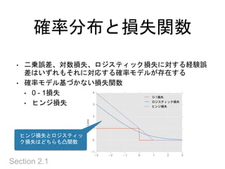 確率分布と損失関数
Section 2.1
• 二乗誤差、対数損失、ロジスティック損失に対する経験誤
差はいずれもそれに対応する確率モデルが存在する
• 確率モデル基づかない損失関数
• 0 - 1損失
• ヒンジ損失
ヒンジ損失とロジスティッ
ク損失はどちらも凸関数
 