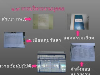 สำำเนำ กพ.7
สมุดตรวจเยี่ยม
ทะเบียนคุมวันลำ
ยรำยชื่อผู้ปฏิบัติงำน
คำำสั่งมอบ
 