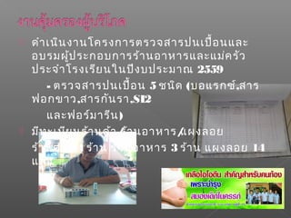  ดำาเนินงานโครงการตรวจสารปนเปื้อนและ
อบรมผู้ประกอบการร้านอาหารและแม่ครัว
ประจำาโรงเรียนในปีงบประมาณ 2559
- ตรวจสารปนเปื้อน 5 ชนิด (บอแรกซ์,สาร
ฟอกขาว,สารกันรา,SI2
และฟอร์มารีน)
 มีทะเบียนร้านค้า/ร้านอาหาร/แผงลอย
ร้านค้า 44 ร้าน ร้านอาหาร 3 ร้าน แผงลอย 14
แผง
 