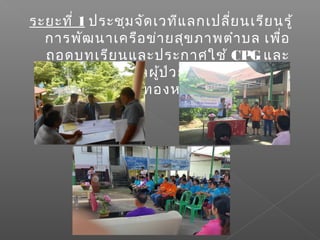 ระยะที่ 1 ประชุมจัดเวทีแลกเปลี่ยนเรียนรู้
การพัฒนาเครือข่ายสุขภาพตำาบล เพื่อ
ถอดบทเรียนและประกาศใช้ CPG และ
ระบบการดูแลผู้ป่วยติดเตียงตำาบล
บึงทองหลาง
 