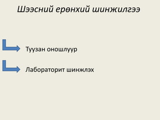 Шээсний ерөнхий шинжилгээ
Туузан оношлуур
Лабораторит шинжлэх
 