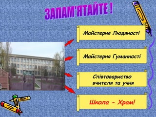 Майстерня Людяності
Майстерня Гуманності
Співтовариство
вчителя та учня
Школа - Храм!
 
