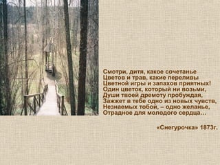 Смотри, дитя, какое сочетанье
Цветов и трав, какие переливы
Цветной игры и запахов приятных!
Один цветок, который ни возьми,
Души твоей дремоту пробуждая,
Зажжет в тебе одно из новых чувств,
Незнаемых тобой, – одно желанье,
Отрадное для молодого сердца…
«Снегурочка» 1873г.
 