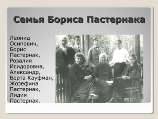 Семья Бориса ПастернакаСемья Бориса Пастернака
Леонид
Осипович,
Борис
Пастернак,
Розалия
Исидоровна,
Александр,
Берта Кауфман,
Жозефина
Пастернак,
Лидия
Пастернак.
 