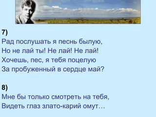 7)
Рад послушать я песнь былую,
Но не лай ты! Не лай! Не лай!
Хочешь, пес, я тебя поцелую
За пробуженный в сердце май?
8)
Мне бы только смотреть на тебя,
Видеть глаз злато-карий омут…
 