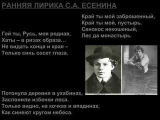 РАННЯЯ ЛИРИКА С.А. ЕСЕНИНА
Гой ты, Русь, моя родная,
Хаты – в ризах образа…
Не видать конца и края –
Только синь сосет глаза.
Край ты мой заброшенный,
Край ты мой, пустырь.
Сенокос некошеный,
Лес да монастырь.
Потонула деревня в ухабинах,
Заслонили избенки леса.
Только видно, на кочках и впадинах,
Как синеют кругом небеса.
 
