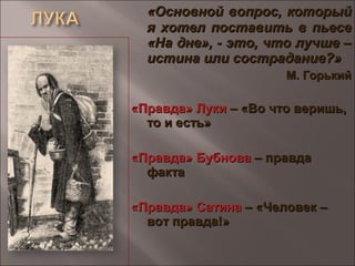 «Основной вопрос, который«Основной вопрос, который
я хотел поставить в пьесея хотел поставить в пьесе
«На дне», - это, что лучше –«На дне», - это, что лучше –
истина или сострадание?»истина или сострадание?»
М. ГорькийМ. Горький
«Правда» Луки«Правда» Луки – «Во что веришь,– «Во что веришь,
то и есть»то и есть»
«Правда» Бубнова«Правда» Бубнова – правда– правда
фактафакта
«Правда» Сатина«Правда» Сатина – «Человек –– «Человек –
вот правда!»вот правда!»
 