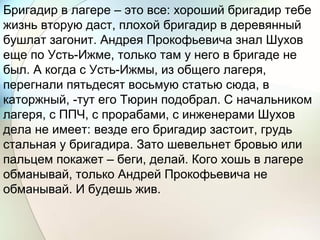 Бригадир в лагере – это все: хороший бригадир тебе
жизнь вторую даст, плохой бригадир в деревянный
бушлат загонит. Андрея Прокофьевича знал Шухов
еще по Усть-Ижме, только там у него в бригаде не
был. А когда с Усть-Ижмы, из общего лагеря,
перегнали пятьдесят восьмую статью сюда, в
каторжный, -тут его Тюрин подобрал. С начальником
лагеря, с ППЧ, с прорабами, с инженерами Шухов
дела не имеет: везде его бригадир застоит, грудь
стальная у бригадира. Зато шевельнет бровью или
пальцем покажет – беги, делай. Кого хошь в лагере
обманывай, только Андрей Прокофьевича не
обманывай. И будешь жив.
 