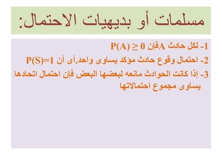 ‫االحتمالĬ ‫بديهيات‬ ‫أو‬ ‫مسلمات‬:
1-‫حادث‬ ‫لكل‬A‫فإن‬P(A) ≥ 0
2-‫واحد‬ ‫يساوى‬ ‫مؤكد‬ ‫حادث‬ ‫وقوع‬ ‫احتمال‬.‫أن‬ ‫أى‬P(S)=1
3-‫اتح‬ ‫احتمال‬ ‫فإن‬ ‫البعض‬ ‫لبعضها‬ ‫مانعه‬ ‫الحوادث‬ ‫كانت‬ ‫إذا‬‫ادها‬
‫احتماالتها‬ ‫مجموع‬ ‫يساوى‬
 