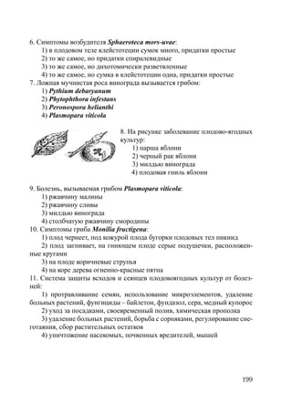 199
6. Симптомы возбудителя Sphaeroteca mors-uvae:
1) в плодовом теле клейстотеции сумок много, придатки простые
2) то же самое, но придатки спиралевидные
3) то же самое, но дихотомически разветвленные
4) то же самое, но сумка в клейстотеции одна, придатки простые
7. Ложная мучнистая роса винограда вызывается грибом:
1) Pythium debaryanum
2) Phytophthora infestans
3) Peronospora helianthi
4) Plasmopara viticola
8. На рисунке заболевание плодово-ягодных
культур:
1) парша яблони
2) черный рак яблони
3) милдью винограда
4) плодовая гниль яблони
9. Болезнь, вызываемая грибом Plasmopara viticola:
1) ржавчину малины
2) ржавчину сливы
3) милдью винограда
4) столбчатую ржавчину смородины
10. Симптомы гриба Monilia fructigena:
1) плод чернеет, под кожурой плода бугорки плодовых тел пикнид
2) плод загнивает, на гниющем плоде серые подушечки, расположен-
ные кругами
3) на плоде коричневые струпья
4) на коре дерева огненно-красные пятна
11. Система защиты всходов и сеянцев плодовоягодных культур от болез-
ней:
1) протравливание семян, использование микроэлементов, удаление
больных растений, фунгициды – байлетон, фундазол, сера, медный купорос
2) уход за посадками, своевременный полив, химическая прополка
3) удаление больных растений, борьба с сорняками, регулирование сне-
готаяния, сбор растительных остатков
4) уничтожение насекомых, почвенных вредителей, мышей
Copyright ОАО «ЦКБ «БИБКОМ» & ООО «Aгентство Kнига-Cервис»
 
