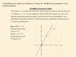 Ας θυμηθούμε τις ευθείες με εξισώσεις y = αx και y = αx+β και πώς μπορούμε να τις
κατασκευάσουμε.
Οι ευθείες y= αx και y= αx+β
 Η εξίσωση y x παριστάνει ευθεία που διέρχεται από την αρχή των αξόνων καθώς για
0x  έχουμε 0 0y    , άρα η αρχή των αξόνων Ο(0,0) είναι σημείο της . Για να τη
σχεδιάσω χρειάζομαι ακόμη ένα σημείο, για το λόγο αυτό δίνω στη μεταβλητή x μια
οποιαδήποτε τιμή οπότε προκύπτει η αντίστοιχη τιμή της μεταβλητής y επομένως έχω το
2ο
σημείο που χρειαζόμουν.
π.χ. η ευθεία 2y x
διέρχεται από το (0,0) ,
ενώ για 1x 
έχουμε 2 1 2y   
άρα διέρχεται και από
το σημείο (1,2).
 