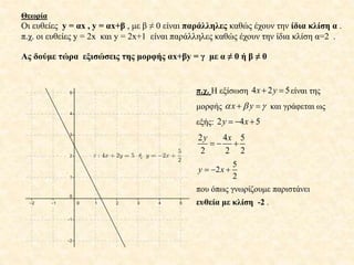 Θεωρία
Οι ευθείες y = αx , y = αx+β , με β ≠ 0 είναι παράλληλες καθώς έχουν την ίδια κλίση α .
π.χ. οι ευθείες y = 2x και y = 2x+1 είναι παράλληλες καθώς έχουν την ίδια κλίση α=2 .
Ας δούμε τώρα εξισώσεις της μορφής αx+βy = γ με α ≠ 0 ή β ≠ 0
π.χ. Η εξίσωση 4 2 5x y  είναι της
μορφής x y    και γράφεται ως
εξής: 2 4 5y x  
2 4 5
2 2 2
y x
  
5
2
2
y x  
που όπως γνωρίζουμε παριστάνει
ευθεία με κλίση -2 .
 