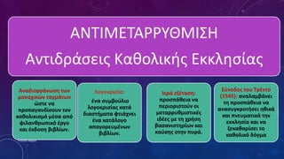 ΑΝΤΙΜΕΤΑΡΡΥΘΜΙΣΗ
Αντιδράσεις Καθολικής Εκκλησίας
Σύνοδος του Τρέντο
(1545): αναλαμβάνει
τη προσπάθεια να
ανασυγκροτήσει ηθικά
και πνευματικά την
εκκλησία και να
ξεκαθαρίσει το
καθολικό δόγμα
Λογοκρισία:
ένα συμβούλιο
λογοκρισίας κατά
διαστήματα φτιάχνει
ένα κατάλογο
απαγορευμένων
βιβλίων.
Ιερά εξέταση:
προσπάθεια να
περιοριστούν οι
μεταρρυθμιστικές
ιδέες με τη χρήση
βασανιστηρίων και
καύσης στην πυρά.
Αναδιοργάνωση των
μοναχικών ταγμάτων
ώστε να
προπαγανδίσουν τον
καθολικισμό μέσα από
φιλανθρωπικό έργο
και έκδοση βιβλίων.
Ρούσση Μαρία
 