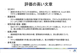 評価の高い文章
• はじめに
– 進捗の共有はプロジェクトを効率化し，活性化する [1]．本研究では，Excelに変え
テチケット駆動開発(TiDD)を導入し，その効果をアンケートで評価した．
• 関連研究
– チケット駆動開発では残作業が明確で不安が解消され，プロジェクトを活性化する
[1]．しかし文献[1]では管理者の視点であり，開発者の評価は未確認である．
• 研究内容（提案，経験）
– 初めてチケット駆動開発を導入したプロジェクトにアンケートを取った．アンケートで
は，導入初期とそれ以降の作業時間と導入後の感想を集計した．
• 結果と考察
– 進捗確認作業が導入時約50%増，習熟後約20%削減した．安心感も増えていた．
• まとめ
– チケット駆動開発で作業と安心感が改善した．導入時講習が今後の課題である．
• 参考文献
[1] 阪井誠,チケット駆動開発によるプロジェクトの活性化 ―見える化と運用ポリシーがプロジェク
トを変えた,SPI Japan 2010,JASPIC, 2010.
11
 