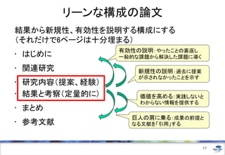 リーンな構成の論文
結果から新規性、有効性を説明する構成にする
（それだけで6ページは十分埋まる）
• はじめに
• 関連研究
• 研究内容（提案、経験）
• 結果と考察（定量的に)
• まとめ
• 参考文献
17
有効性の説明：やったことの裏返し
一般的な課題から解決した課題に導く
新規性の説明：過去に提案
が示されなかったことを示す
価値を高める：実践しないと
わからない情報を提供する
巨人の肩に乗る：成果の前提と
なる文献を「引用」する
 