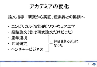 アカデミアの変化
論文指導＋研究から実証、産業界との協調へ
• エンピリカル（実証的）ソフトウェア工学
• 経験論文（昔は研究論文だけだった）
• 産学連携
• 共同研究
• ベンチャービジネス
5
評価されるように
なった
 