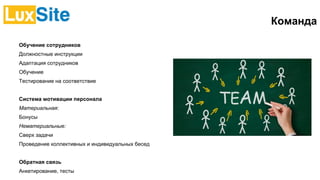 Команда
Обучение сотрудников
Должностные инструкции
Адаптация сотрудников
Обучение
Тестирование на соответствие
Система мотивации персонала
Материальная:
Бонусы
Нематериальные:
Сверх задачи
Проведение коллективных и индивидуальных бесед
Обратная связь
Анкетирование, тесты
 