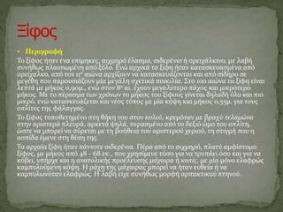  Περιγραφή
Το ξίφος ήταν ένα επίμηκες, αιχμηρό έλασμα, σιδερένιο ή ορειχάλκινο, με λαβή
συνήθως πλαισιωμένη από ξύλο. Ενώ αρχικά τα ξίφη ήταν κατασκευασμένα από
ορείχαλκο, από τον 11ο αιώνα αρχίζουν να κατασκευάζονται και από σίδηρο σε
μεγέθη που παρουσιάζουν μία μεγάλη σχετικά ποικιλία. Στο 10ο αιώνα τα ξίφη είναι
λεπτά με μήκος 0,90μ., ενώ στον 8ο αι. έχουν μεγαλύτερο πάχος και μικρότερο
μήκος. Με το πέρασμα των χρόνων το μήκος του ξίφους γίνεται δηλαδή όλο και πιο
μικρό, ενώ κατασκευάζεται και νέος τύπος με μία κόψη και μήκος 0,55μ. για τους
οπλίτες της φάλαγγας.
Το ξίφος τοποθετημένο στη θήκη του στον κολεό, κρεμόταν με βραχύ τελαμώνα
στην αριστερά πλευρά, αρκετά ψηλά, περασμένο από το δεξιό ώμο του οπλίτη,
ώστε να μπορεί να σύρεται με τη βοήθεια του αριστερού χεριού, τη στιγμή που η
ασπίδα έμενε στη θέση της.
Τα αρχαία ξίφη ήταν πάντοτε σιδερένια. Πέρα από το αιχμηρό, πλατύ αμφίστομο
ξίφος, με μήκος από 48 - 68 εκ., που χρησίμευε τόσο για να τρυπάει όσο και για να
κόβει, υπήρχε και η ανατολικής προέλευσης μάχαιρα ή κοπίς, με μία μόνο ελαφρώς
καμπυλούμενη κόψη. Η ράχη της μάχαιρας μπορεί να ήταν ευθεία ή να
καμπυλωνόταν ελαφρώς. Η λαβή είχε συνήθως μορφή αρπακτικού πτηνού.
 