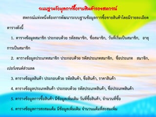 สหกรณ์แห่งหนึ่งต้องการพัฒนาระบบฐานข้อมูลการซื้อขายสินค้าโดยมีรายละเอียด
ตารางดังนี้
1. ตารางข้อมูลสมาชิก ประกอบด้วย รหัสสมาชิก, ชื่อสมาชิก, วันที่เริ่มเป็นสมาชิก, อายุ
การเป็นสมาชิก
2. ตารางข้อมูลประเภทสมาชิก ประกอบด้วย รหัสประเภทสมาชิก, ชื่อประเภท สมาชิก,
เปอร์เซนต์ส่วนลด
3. ตารางข้อมูลสินค้า ประกอบด้วย รหัสสินค้า, ชื่อสินค้า, ราคาสินค้า
4. ตารางข้อมูลประเภทสินค้า ประกอบด้วย รหัสประเภทสินค้า, ชื่อประเภทสินค้า
5. ตารางข้อมูลการซื้อสินค้า มีข้อมูลเพิ่มเติม วันที่ซื้อสินค้า, จาȨȨี่ซื้อ
6. ตารางข้อมูลการสะสมแต้ม มีข้อมูลเพิ่มเติม จานวนแต้มที่สะสมเพิ่ม
ระบบฐาȨ้อมูลการซื้อขายสินค้าྺองสหกรณ์
 