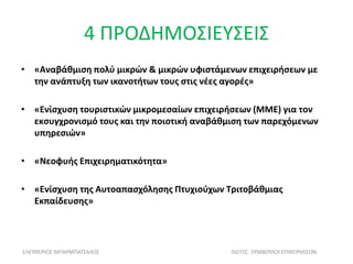 4 ΠΡΟΔΗΜΟΣΙΕΥΣΕΙΣ
• «Αναβάθμιση πολύ μικρών & μικρών υφιστάμενων επιχειρήσεων με
την ανάπτυξη των ικανοτήτων τους στις νέες αγορές»
• «Ενίσχυση τουριστικών μικρομεσαίων επιχειρήσεων (ΜΜΕ) για τον
εκσυγχρονισμό τους και την ποιοτική αναβάθμιση των παρεχόμενων
υπηρεσιών»
• «Νεοφυής Επιχειρηματικότητα»
• «Ενίσχυση της Αυτοαπασχόλησης Πτυχιούχων Τριτοβάθμιας
Εκπαίδευσης»
ΕΛΕΥΘΕΡΙΟΣ ΜΠΑΡΜΠΑΤΣΑΛΟΣ ISOTEC ΣΥΜΒΟΥΛΟΙ ΕΠΙΧΕΙΡΗΣΕΩΝ
 