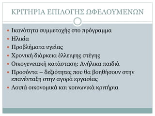 ΚΡΙΤΗΡΙΑ ΕΠΙΛΟΓΗΣ ΩΦΕΛΟΥΜΕΝΩΝ
 Ικανότητα συμμετοχής στο πρόγραμμα
 Ηλικία
 Προβλήματα υγείας
 Χρονική διάρκεια έλλειψης στέγης
 Οικογενειακή κατάσταση: Ανήλικα παιδιά
 Προσόντα – δεξιότητες που θα βοηθήσουν στην
επανένταξη στην αγορά εργασίας
 Λοιπά οικονομικά και κοινωνικά κριτήρια
 