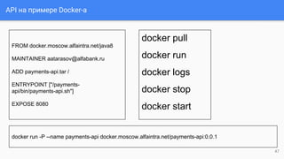 API на примере Docker-а
FROM docker.moscow.alfaintra.net/java8
MAINTAINER aatarasov@alfabank.ru
ADD payments-api.tar /
ENT...