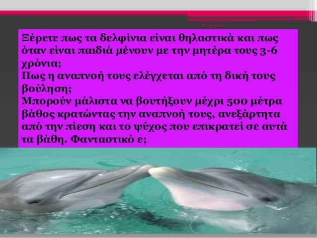 Ρούσση Μαρία
Ξέρετε πως τα δελφίνια είναι θηλαστικά και πως
όταν είναι παιδιά μένουν με την μητέρα τους 3-6
χρόνια;
Πως η ...