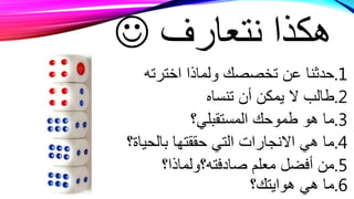 ‫نتعارف‬ ‫هكذا‬
.1‫اخترته‬ ‫ولماذا‬ ‫تخصصك‬ ‫عن‬ ‫حدثنا‬
.2‫طالب‬‫تنساه‬ ‫أن‬ ‫يمكن‬ ‫ال‬
.3‫المستقبلي؟‬ ‫طموحك‬ ‫هو‬ ‫ما‬
.4‫بالحياة؟‬ ‫حققتها‬ ‫التي‬ ‫االنجارات‬ ‫هي‬ ‫ما‬
.5‫صادفته؟ولماذا؟‬ ‫معلم‬ ‫أفضل‬ ‫من‬
.6‫هوايتك؟‬ ‫هي‬ ‫ما‬
 