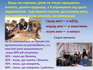 22
Якщо ми навчимо дітей не тільки працювати,
вчитись, долати труднощі, а й отримувати від цього
задоволення - тоді можна сказати, що основну мету,
яка ставиться перед школою, ми виконуємо.
Скажи мені — я забуду,
покажи мені — я запам'ятаю,
залучи мене — я навчусь.
Східна приказка
Як не намагатися, як чудово та
артистично не розповідати, а в
пам’яті учня залишається:
лише 20% від почутого,
30% - того що бачать,
50% - того, що чують і бачать,
70% - того, що говорять,
90% - того, що говорять і роблять.
 