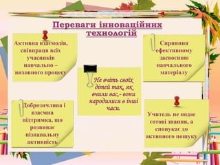 Переваги інноваційних
технологій
Не вчіть своїх
дітей так, як
вчили вас,- вони
народилися в інші
часи.
Активна взаємодія,
співпраця всіх
учасників
навчально –
виховного процесу
Сприяння
ефективному
засвоєнню
навчального
матеріалу
Учитель не подає
готові знання, а
спонукає до
активного пошуку
Доброзичлива і
взаємна
підтримка, що
розвиває
пізнавальну
активність
 
