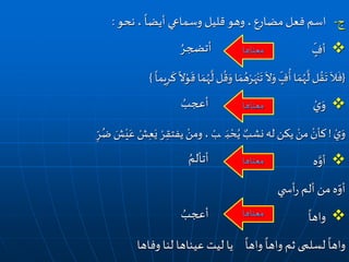 ‫نحو‬ ،
ً
‫أيضا‬ ‫وسماعي‬ ‫قليل‬‫وهو‬ ،‫مضارع‬‫فعل‬ ‫اسم‬ ‫ج‬-:
ٍ
ّ
‫أف‬
{
َ
‫ق‬ ‫ا‬ َ‫م‬ُ‫ه‬
َّ
‫ل‬ ‫ل‬
ُ
‫ق‬َ‫و‬ ‫ا‬ َ‫م‬ ُ‫ه‬ْ‫ر‬َ‫ه‬ْ‫ن‬
َ
‫ت‬
َ
‫ال‬َ‫و‬ ٍ
ّ
‫ف‬
ُ
‫أ‬ ‫ا‬ َ‫م‬ُ‫ه‬
َّ
‫ل‬ ‫ل‬ ُ‫ق‬
َ
‫ت‬
َ
‫ال‬
َ
‫ف‬
ً
‫يما‬ِ‫ر‬
َ
‫ك‬
ً
‫ال‬ْ‫و‬}
ْ‫ي‬َ‫و‬
ْ‫ي‬َ‫و‬!‫ـ‬َ‫ب‬ ْ‫ح‬ُ‫ي‬ ‫نشب‬‫له‬ ‫يكن‬ ْ‫من‬ ْ‫كأن‬ْ‫ـب‬ْ‫ي‬َ‫ع‬ ْ‫ش‬ِ‫ع‬َ‫ي‬ ْ‫ر‬ِ‫يفتق‬ ْ‫ومن‬،ِ
ّ‫ر‬ُ‫ض‬ َ‫ش‬
‫ه‬َّ‫أو‬
‫ي‬ ‫أس‬‫ر‬ ‫ألم‬‫من‬‫ه‬ّ‫أو‬

ً
‫واها‬
ً
‫واها‬‫ثم‬ ‫لسلمى‬
ً
‫واها‬
ً
‫واها‬‫وفاها‬ ‫لنا‬ ‫عيناها‬ ‫ليت‬ ‫يا‬
‫معناها‬
ُ‫أتضجر‬
‫معناها‬
ُ‫أعجب‬
‫معناها‬
ُ‫أتألم‬
‫معناها‬ُ‫أعجب‬
 