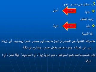 .3‫نحو‬ ،‫مصدر‬ ‫من‬‫ل‬‫منقو‬:
َ‫يد‬‫و‬‫ر‬
َ‫يد‬‫و‬‫ر‬َ‫الطفل‬
َ‫ه‬
ْ
‫ل‬َ‫ب‬
َ
‫الغيبة‬ َ‫ه‬
ْ
‫ل‬َ‫ب‬
‫ملحوظة‬:‫نحو‬،‫مصدر‬ ‫فهو‬‫بعده‬ ‫ما‬ َّ‫انجر‬‫إن‬‫املصدر‬‫عن‬‫ل‬‫املنقو‬:َ‫يد‬‫و‬‫ر‬ٍ‫يد‬‫ز‬‫أي‬،:َ‫اد‬‫و‬‫إر‬
‫أي‬، ٍ‫يد‬‫ز‬:ُ‫ه‬
َ
‫ك‬ْ‫تر‬‫أي‬ ٍ‫يد‬‫ز‬
َ‫ه‬
ْ
‫ل‬َ‫وب‬ ، ‫مضمر‬ ‫بفعل‬‫منصوب‬ ‫وهو‬، ‫إمهاله‬.
‫نحو‬ ، ‫فعل‬‫اسم‬‫فهو‬‫بعده‬ ‫ما‬ ‫انتصب‬‫وإن‬:َ‫يد‬‫و‬‫ر‬‫أي‬،
ً
‫يدا‬‫ز‬:
ْ
‫ل‬َ‫وب‬،
ً
‫يدا‬‫ز‬ ‫أمهل‬‫أي‬،
ً
‫ا‬‫ر‬‫عم‬ َ‫ه‬:
ُ‫ه‬
ْ
‫اترك‬.
‫معناها‬‫أمهل‬
‫معناها‬
ْ‫اترك‬
 