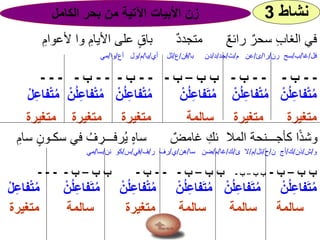 ‫نشاط‬3‫الكامل‬ ‫بحر‬ ‫من‬ ‫اآلتية‬ ‫األبيات‬ ‫زن‬
ِ‫ألعوام‬ ‫وا‬ ِ‫األيام‬ ‫على‬ ٍ‫ق‬‫با‬ ٌ‫د‬‫متجد‬ ٌ‫ع‬‫رائ‬ ٌ‫سحر‬ ِ‫ب‬‫الغا‬ ‫في‬
‫فل‬/‫غا‬/‫ب‬/‫رن‬ ‫سح‬/‫را‬/‫ئ‬/‫م‬ ‫عن‬/‫ت‬/‫جد‬/‫د‬/‫با‬ ‫دن‬/‫قن‬/‫ع‬/‫أي‬ ‫لل‬/‫يا‬/‫م‬/‫أع‬ ‫ول‬/‫وا‬/‫مي‬
--‫ب‬---‫ب‬-‫ب‬ ‫ب‬–‫ب‬---‫ب‬---‫ب‬----
ْ‫ل‬ِ‫ع‬‫فا‬ْ‫ت‬‫م‬ ْ‫ن‬‫ل‬ِ‫ع‬‫فا‬ْ‫ت‬‫م‬ ْ‫ن‬‫ل‬ِ‫ع‬‫فا‬ْ‫ت‬‫م‬ ْ‫ن‬‫ل‬ِ‫ع‬‫فا‬َ‫ت‬‫م‬ ْ‫ن‬‫ل‬ِ‫ع‬‫فا‬ْ‫ت‬‫م‬ ْ‫ن‬‫ل‬ِ‫ع‬‫فا‬ْ‫ت‬‫م‬
‫متغيرة‬ ‫متغيرة‬ ‫متغيرة‬ ‫سالمة‬ ‫متغيرة‬ ‫متغيرة‬
ِ‫سام‬ ٍ‫سكـون‬ ‫في‬ ‫ـ‬‫ف‬ ِ‫رفـــر‬‫ـ‬‫ي‬ ٍ‫ه‬‫سا‬ ٌ‫غامض‬ ِ‫ئك‬ ‫المال‬ ‫كأجـــنحة‬ ‫ا‬ً‫ذ‬‫وش‬
‫و‬/‫ش‬/‫ذن‬/‫ك‬/‫ن‬ ‫أج‬/‫ح‬/‫تل‬/‫م‬/‫ئ‬ ‫ال‬/‫ك‬/‫غا‬/‫م‬/‫سا‬ ‫ضن‬/‫هن‬/‫ي‬/‫ر‬ ‫رف‬/‫ف‬/‫في‬/‫س‬/‫نن‬ ‫كو‬/‫سا‬/‫مي‬
‫ب‬ ‫ب‬–‫ب‬-‫ب‬ ‫ب‬–‫ب‬-‫ب‬ ‫ب‬–‫ب‬---‫ب‬-‫ب‬ ‫ب‬–‫ب‬----
ْ‫ل‬ِ‫ع‬‫فا‬ْ‫ت‬‫م‬ ْ‫ن‬‫ل‬ِ‫ع‬‫فا‬َ‫ت‬‫م‬ ْ‫ن‬‫ل‬ِ‫ع‬‫فا‬ْ‫ت‬‫م‬ ْ‫ن‬‫ل‬ِ‫ع‬‫فا‬َ‫ت‬‫م‬ ْ‫ن‬‫ل‬ِ‫ع‬‫فا‬َ‫ت‬‫م‬ ْ‫ن‬‫ل‬ِ‫ع‬‫فا‬َ‫ت‬‫م‬
‫متغيرة‬ ‫سالمة‬ ‫متغيرة‬ ‫سالمة‬ ‫سالمة‬ ‫سالمة‬
 