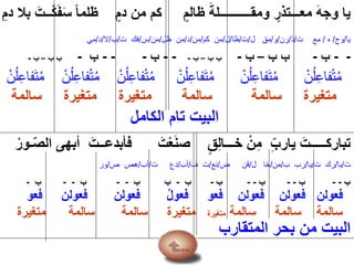 ِ‫دم‬ ‫بال‬ َ‫ــت‬ْ‫ك‬َ‫ف‬َ‫س‬ ً‫ا‬‫ظلم‬ ‫دم‬ ‫من‬ ‫كم‬ ‫ظالم‬ َ‫ومقــــــــــلة‬ ‫معـــتذر‬ َ‫ه‬‫وج‬ ‫يا‬
‫يا‬/‫وج‬/‫ه‬/‫ت‬ ‫مع‬/‫ذ‬/‫رن‬/‫و‬/‫ل‬ ‫مق‬/‫ت‬/‫ظا‬/‫ل‬/‫كم‬ ‫من‬/‫من‬/‫د‬/‫ظل‬ ‫من‬/‫من‬/‫س‬/‫ت‬ ‫فك‬/‫ب‬/‫ال‬/‫د‬/‫مي‬
--‫ب‬-‫ب‬ ‫ب‬–‫ب‬-‫ب‬ ‫ب‬–‫ب‬---‫ب‬---‫ب‬-‫ب‬ ‫ب‬–‫ب‬-
ْ‫ن‬‫ـ‬‫ل‬ِ‫ع‬‫فا‬َ‫ت‬‫ـ‬‫م‬ ْ‫ن‬‫ـ‬‫ل‬ِ‫ع‬‫فا‬ْ‫ت‬‫ـ‬‫م‬ ْ‫ن‬‫ـ‬‫ل‬ِ‫ع‬‫فا‬ْ‫ت‬‫ـ‬‫م‬ ْ‫ن‬‫ـ‬‫ل‬ِ‫ع‬‫فا‬َ‫ت‬‫ـ‬‫م‬ ْ‫ن‬‫ـ‬‫ل‬ِ‫ع‬‫فا‬َ‫ت‬‫ـ‬‫م‬ ْ‫ن‬‫ـ‬‫ل‬ِ‫ع‬‫فا‬ْ‫ت‬‫ـ‬‫م‬
‫سالمة‬ ‫متغيرة‬ ‫متغيرة‬ ‫سالمة‬ ‫سالمة‬ ‫متغيرة‬
ْ‫ـور‬ّ‫ص‬‫ال‬ ‫أبهى‬ َ‫فأبدعــت‬ َ‫ت‬ْ‫ع‬َ‫ن‬‫ص‬ ‫ق‬ِ‫ل‬‫خـــا‬ ْ‫ن‬ِ‫م‬ ِّ‫يارب‬ َ‫تباركـــــت‬
‫الكامل‬ ‫تام‬ ‫البيت‬
‫ت‬/‫با‬/‫ت‬ ‫رك‬/‫يا‬/‫ب‬ ‫رب‬/‫من‬/‫ل‬ ‫خا‬/‫ص‬ ‫قن‬/‫نع‬/‫ف‬ ‫ت‬/‫أب‬/‫ت‬ ‫دع‬/‫أب‬/‫ص‬ ‫هص‬/‫ور‬
‫ب‬--‫ب‬--‫ب‬--‫ب‬-‫ب‬-‫ب‬ ‫ب‬--‫ب‬--‫ب‬-
‫فعو‬ ‫فعولن‬ ‫فعولن‬ ‫فعول‬ ‫فعو‬ ‫فعولن‬ ‫فعولن‬ ‫فعولن‬
‫سالمة‬ ‫سالمة‬ ‫سالمة‬‫متغيرة‬‫متغيرة‬ ‫سالمة‬ ‫سالمة‬ ‫متغيرة‬
‫المتقارب‬ ‫بحر‬ ‫من‬ ‫البيت‬
 
