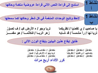 ‫نشاط‬1
‫أ‬
‫وحاكها‬ ‫منغمة‬ ‫عروضية‬ ‫قراءة‬ ‫اآلتي‬ ‫النص‬ ‫قراءة‬ ‫إلى‬ ‫استمع‬
‫نشاط‬1
‫ب‬
‫سمعتها‬ ‫كما‬ ‫وحاكها‬ ‫شطر‬ ‫كل‬ ‫في‬ ‫المنغمة‬ ‫الوحدات‬ ‫وتتبع‬ ‫الحظ‬
‫صاحبيـ‬ ‫يا‬/‫يا‬ّ‫ص‬‫تق‬ ‫ي‬/‫وجو‬ ‫تريا‬ ‫نظريكما‬/‫كيـ‬ ‫األرض‬ ‫ه‬/‫ر‬ّ‫تصو‬ ‫ف‬
‫نها‬ ‫تريا‬/ً‫ا‬‫مشمس‬ ً‫ا‬‫ر‬/‫الربــا‬ ‫زهر‬ ‫شـابه‬ ‫قد‬/‫مـــا‬ّ‫ن‬‫فـكأ‬/‫مقمـــــر‬ ‫هو‬
‫اآلتي‬ ‫الوزن‬ ‫بإيقاع‬ ‫البيتين‬ ‫هذين‬ ‫إيقاع‬ ‫طابق‬:
ْ‫ن‬‫ل‬ِ‫ع‬‫فا‬ْ‫ت‬‫م‬/ْ‫ن‬‫ل‬ِ‫ع‬‫فا‬َ‫ت‬‫م‬/ْ‫ن‬‫ل‬ِ‫ع‬‫فا‬َ‫ت‬‫م‬ ْ‫ن‬‫ل‬ِ‫ع‬‫فا‬َ‫ت‬‫م‬/ْ‫ن‬‫ـــــل‬ِ‫ع‬‫فا‬ْ‫ت‬‫م‬/ْ‫ن‬‫ل‬ِ‫ع‬‫فا‬َ‫ت‬‫م‬
‫ياصاحبيـ‬/‫يا‬ّ‫ص‬‫تق‬ ‫ي‬/‫وجو‬ ‫تريا‬ ‫نظريكما‬/‫كيـ‬ ‫األرض‬ ‫ه‬/‫ر‬ّ‫تصو‬
ْ‫ن‬‫ل‬ِ‫ع‬‫فا‬ْ‫ت‬‫م‬/ْ‫ن‬‫ل‬ِ‫ع‬‫فا‬َ‫ت‬‫م‬/ْ‫ن‬‫ـل‬ِ‫ع‬‫فا‬َ‫ت‬‫م‬ ْ‫ن‬‫ل‬ِ‫ع‬‫فا‬َ‫ت‬‫م‬/ْ‫ن‬‫ـــــل‬ِ‫ع‬‫فا‬ْ‫ت‬‫م‬/ْ‫ن‬‫ل‬ِ‫ع‬‫فا‬َ‫ت‬‫م‬
‫مرات‬ ‫أربع‬ ‫األداء‬ ‫كرر‬
 