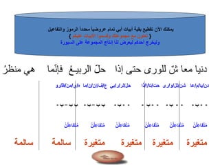 ‫والتفاعيل‬ ‫الرموز‬ ً‫ا‬‫محدد‬ ً‫ا‬‫عروضي‬ ‫تمام‬ ‫أبي‬ ‫أبيات‬ ‫بقية‬ ‫تقطيع‬ ‫اآلن‬ ‫يمكنك‬
{‫عليكم‬ ‫األبيات‬ ‫وقسموا‬ ‫مجموعتك‬ ‫مع‬ ‫تعاون‬}
‫السبورة‬ ‫على‬ ‫المجموعة‬ ‫إنتاج‬ ‫لنا‬ ‫ليعرض‬ ‫أحدكم‬ ‫وليخرج‬
‫ـ‬‫منظر‬ ‫هي‬ ‫ما‬ّ‫ن‬‫فإ‬ ‫ـ‬‫ع‬‫الربيـ‬ ّ‫ل‬‫ح‬ ‫إذا‬ ‫حتى‬ ‫للورى‬ ٌ‫ش‬ ‫معا‬ ‫دنيا‬
‫دن‬/‫يا‬/‫م‬/‫شن‬ ‫عا‬/‫لل‬/‫و‬/‫حت‬ ‫رى‬/‫تا‬/‫إ‬/‫حل‬ ‫ذا‬/‫لر‬/‫ر‬/‫ع‬ ‫بي‬/‫ف‬/‫إن‬/‫ن‬/‫ه‬ ‫ما‬/‫ي‬/‫من‬/‫ظ‬/‫رو‬
--‫ب‬---‫ب‬---‫ب‬---‫ب‬-‫ب‬ ‫ب‬–‫ب‬-‫ب‬ ‫ب‬–‫ب‬-
ْ‫ن‬‫ل‬ِ‫ع‬‫فا‬َ‫ت‬‫م‬ ْ‫ن‬‫ل‬ِ‫ع‬‫فا‬َ‫ت‬‫م‬ ْ‫ن‬‫ل‬ِ‫ع‬‫فا‬ْ‫ت‬‫م‬ ْ‫ن‬‫ل‬ِ‫ع‬‫فا‬ْ‫ت‬‫م‬ ْ‫ن‬‫ل‬ِ‫ع‬‫فا‬ْ‫ت‬‫م‬ ْ‫ن‬‫ل‬ِ‫ع‬‫فا‬ْ‫ت‬‫م‬
‫سالمة‬ ‫سالمة‬ ‫متغيرة‬ ‫متغيرة‬ ‫متغيرة‬ ‫متغيرة‬
 