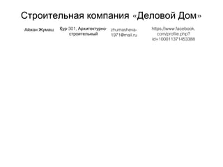 « »Строительная компания Деловой Дом
Айжан Жумаш -301, -Құр Архитектурно
строительный
zhumasheva-
1971@mail.ru
https://www.facebook.
com/profile.php?
id=100011371453388
 