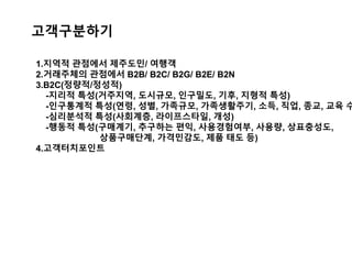 고객구분하기
1.지역적 관점에서 제주도민/ 여행객
2.거래주체의 관점에서 B2B/ B2C/ B2G/ B2E/ B2N
3.B2C(정량적/정성적)
-지리적 특성(거주지역, 도시규모, 인구밀도, 기후, 지형적 특성)
-인구통계적 특성(연령, 성별, 가족규모, 가족생활주기, 소득, 직업, 종교, 교육 수
-심리분석적 특성(사회계층, 라이프스타일, 개성)
-행동적 특성(구매계기, 추구하는 편익, 사용경험여부, 사용량, 상표충성도,
상품구매단계, 가격민감도, 제품 태도 등)
4.고객터치포인트
 