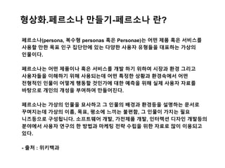 형상화.페르소나 만들기-페르소나 란?
페르소나(persona, 복수형 personas 혹은 Personae)는 어떤 제품 혹은 서비스를
사용할 만한 목표 인구 집단안에 있는 다양한 사용자 유형들을 대표하는 가상의
인물이다.
페르소나는 어떤 제품이나 혹은 서비스를 개발 하기 위하여 시장과 환경 그리고
사용자들을 이해하기 위해 사용되는데 어떤 특정한 상황과 환경속에서 어떤
전형적인 인물이 어떻게 행동할 것인가에 대한 예측을 위해 실제 사용자 자료를
바탕으로 개인의 개성을 부여하여 만들어진다.
페르소나는 가상의 인물을 묘사하고 그 인물의 배경과 환경등을 설명하는 문서로
꾸며지는데 가상의 이름, 목표, 평소에 느끼는 불편함, 그 인물이 가지는 필요
니즈등으로 구성됩니다. 소프트웨어 개발, 가전제품 개발, 인터렉션 디자인 개발등의
분야에서 사용자 연구의 한 방법과 마케팅 전략 수립을 위한 자료로 많이 이용되고
있다.
- 출처 : 위키백과
 