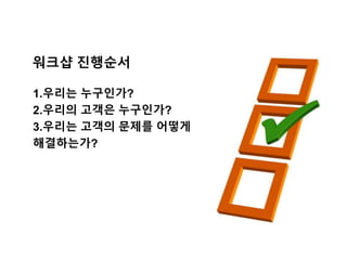 1.우리는 누구인가?
2.우리의 고객은 누구인가?
3.우리는 고객의 문제를 어떻게
해결하는가?
워크샵 진행순서
 