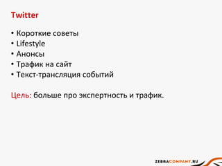 Twitter
• Короткие советы
• Lifestyle
• Анонсы
• Трафик на сайт
• Текст-трансляция событий
Цель: больше про экспертность и трафик.
 