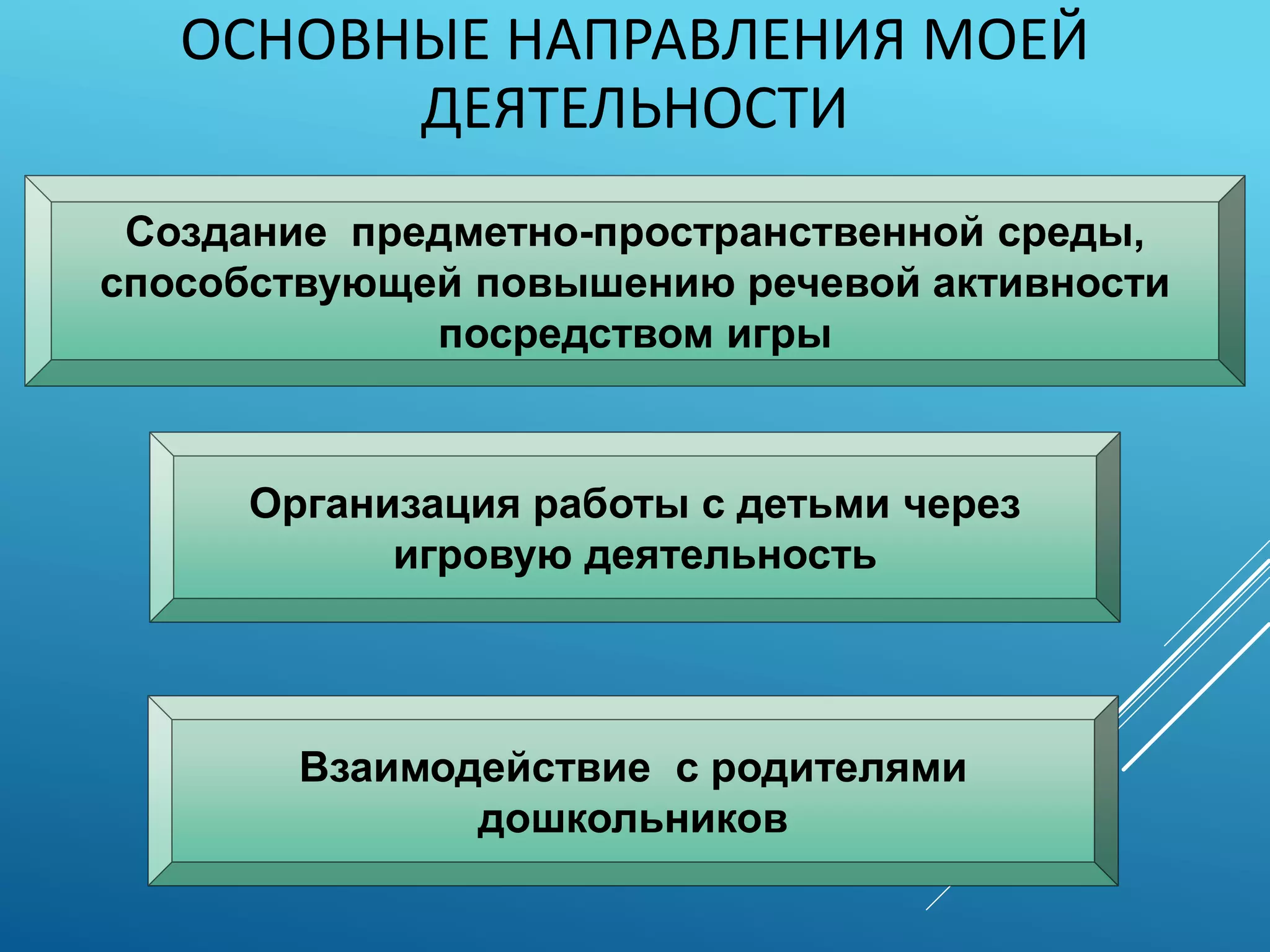 ОСНОВНЫЕ НАПРАВЛЕНИЯ МОЕЙ
ДЕЯТЕЛЬНОСТИ
Создание предметно-пространственной среды,
способствующей повышению речевой активности
посредством игры
Организация работы с детьми через
игровую деятельность
Взаимодействие с родителями
дошкольников
 