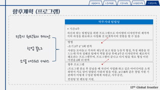 12th Global frontier
향후계획 (프로그램)
1.탐방배경 2.국내현황 3.국가선정 4.탐방계획 5.향후계획
창업 블로그
소셜 네크워크 서비스
전주시 원탁회의 제의안
 