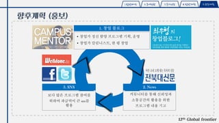 12th Global frontier
향후계획 (홍보)
1.탐방배경 2.국내현황 3.국가선정 4.탐방계획 5.향후계획
 