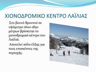 ΧΙΟΝΟΔΡΟΜΙΚΟ ΚΕΝΤΡΟ ΛΑΪΛΙΑΣ
Στο βουνό Βροντού σε
υψόμετρο 1600-1850
μέτρων βρίσκεται το
χιονοδρομικό κέντρο του
Λαϊλιά.
Αποτελεί πόλο έλξης για
τους επισκέπτες της
περιοχής.
 