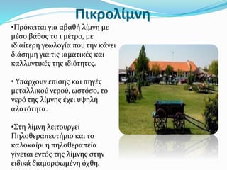 Πικρολίμνη
•Πρόκειται για αβαθή λίμνη με
μέσο βάθος το 1 μέτρο, με
ιδιαίτερη γεωλογία που την κάνει
διάσημη για τις ιαματικές και
καλλυντικές της ιδιότητες.
• Υπάρχουν επίσης και πηγές
μεταλλικού νερού, ωστόσο, το
νερό της λίμνης έχει υψηλή
αλατότητα.
•Στη λίμνη λειτουργεί
Πηλοθεραπευτήριο και το
καλοκαίρι η πηλοθεραπεία
γίνεται εντός της λίμνης στην
ειδικά διαμορφωμένη όχθη.
 