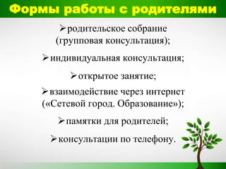 Формы работы с родителями
родительское собрание
(групповая консультация);
индивидуальная консультация;
открытое занятие;
взаимодействие через интернет
(«Сетевой город. Образование»);
памятки для родителей;
консультации по телефону.
 