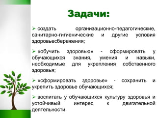 Задачи:
 создать организационно-педагогические,
санитарно-гигиенические и другие условия
здоровьесбережения;
 «обучить здоровью» - сформировать у
обучающихся знания, умения и навыки,
необходимые для укрепления собственного
здоровья;
 «сформировать здоровье» - сохранить и
укрепить здоровье обучающихся;
 воспитать у обучающихся культуру здоровья и
устойчивый интерес к двигательной
деятельности.
 